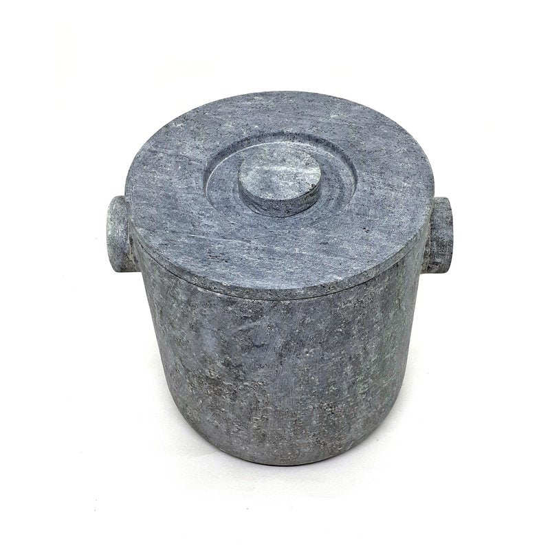 Gray stone-like cylindrical container with a lid on a white background