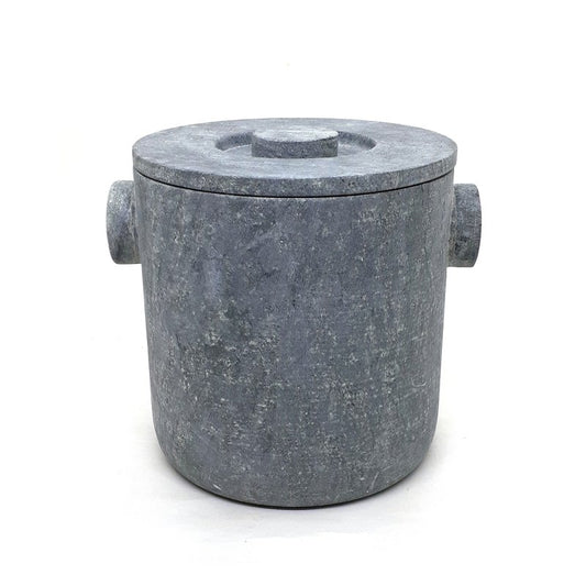 A dark gray stone lidded container or pot with two side handles, photographed on a clean white background.