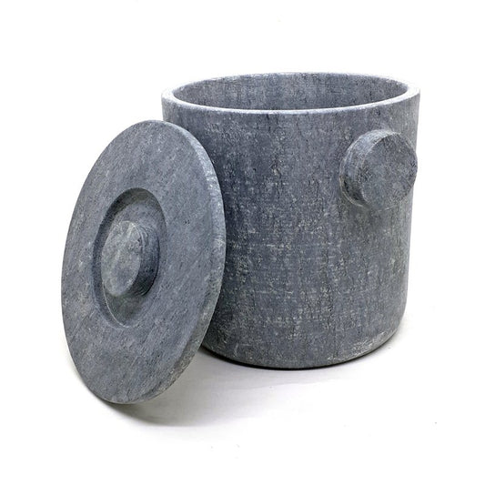 Gray stone container with lid on a white background